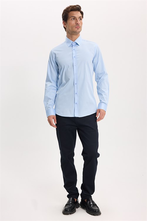 Erkek Modern Slim Fit Uzun Kollu %100 Pamuk Premium Seri Saten Mavi Gömlek