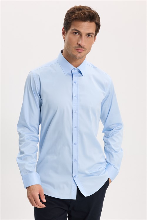 Erkek Modern Slim Fit Uzun Kollu %100 Pamuk Premium Seri Saten Mavi Gömlek