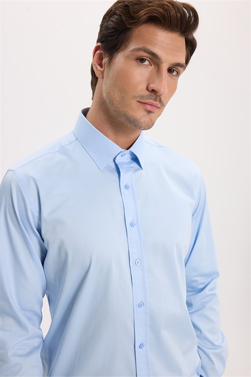 Erkek Modern Slim Fit Uzun Kollu %100 Pamuk Premium Seri Saten Mavi Gömlek