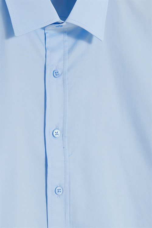 Erkek Modern Slim Fit Uzun Kollu %100 Pamuk Premium Seri Saten Mavi Gömlek