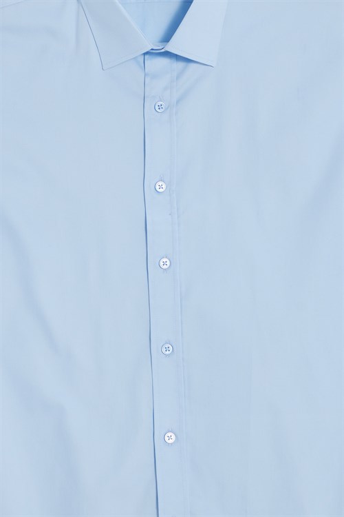 Erkek Modern Slim Fit Uzun Kollu %100 Pamuk Premium Seri Saten Mavi Gömlek