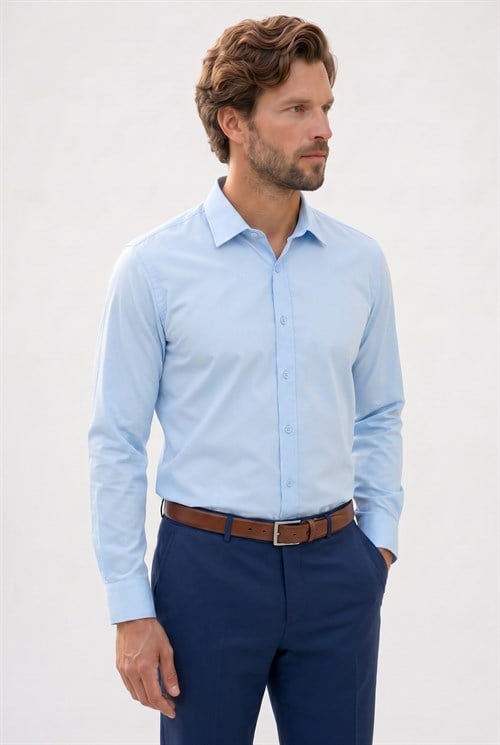 Erkek Modern Slim Fit Uzun Kollu %100 Pamuk Premium Seri Saten Mavi Gömlek