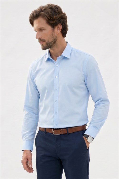 Erkek Modern Slim Fit Uzun Kollu %100 Pamuk Premium Seri Saten Mavi Gömlek