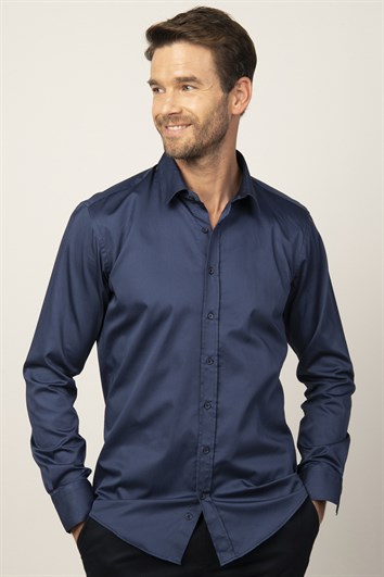 Modern Slim Fit Uzun Kollu Pamuk Saten Premium Seri Erkek Lacivert Gömlek