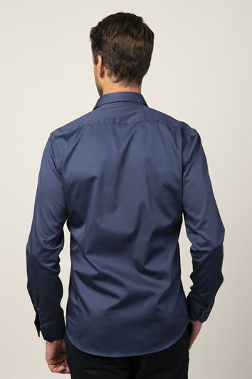 Modern Slim Fit Uzun Kollu Pamuk Saten Premium Seri Erkek Lacivert Gömlek