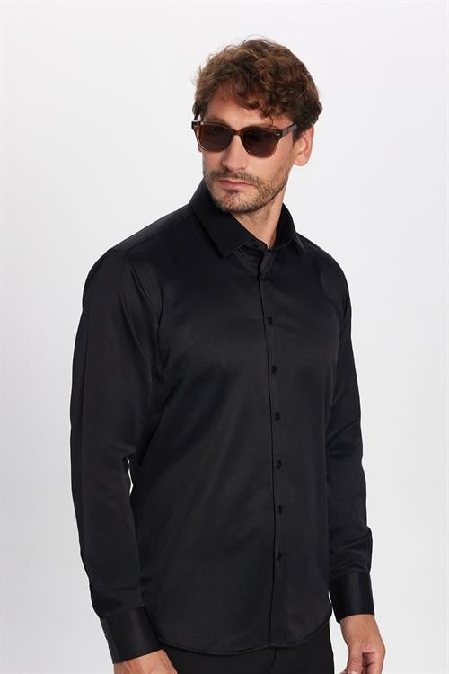 Erkek Modern Slim Fit Pamuklu Düz Siyah Gömlek