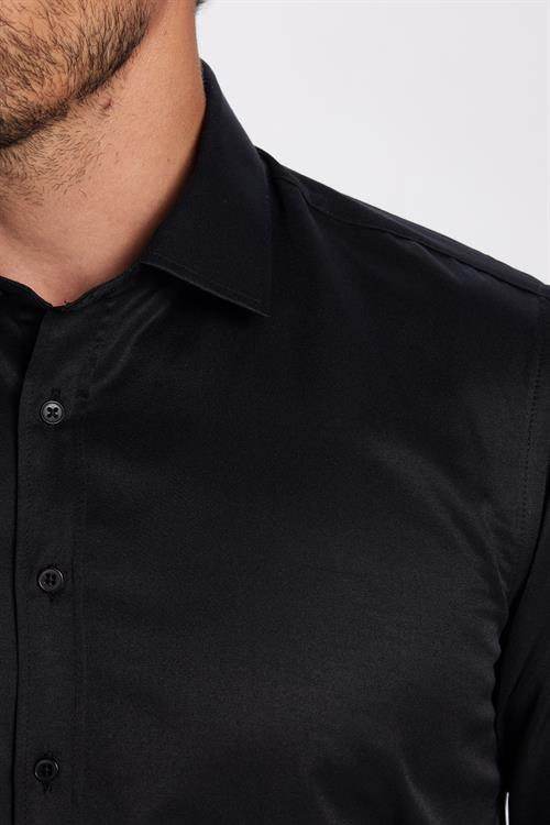 Erkek Modern Slim Fit Pamuklu Düz Siyah Gömlek