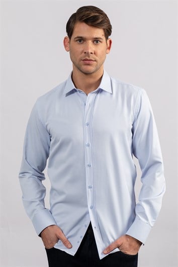 Erkek Modern Slim Fit Pamuklu Düz Mavi Gömlek