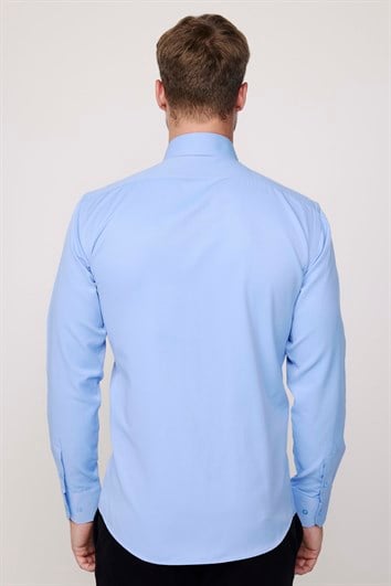 Erkek Modern Slim Fit Pamuklu Düz Mavi Gömlek