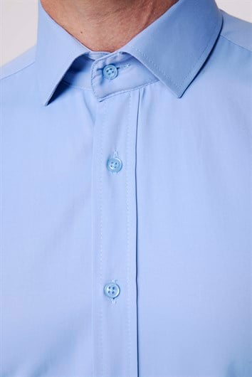 Erkek Modern Slim Fit Pamuklu Düz Mavi Gömlek