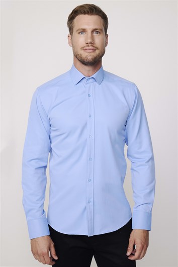 Erkek Modern Slim Fit Pamuklu Düz Mavi Gömlek