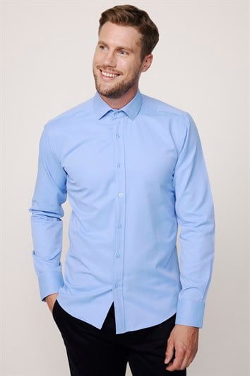 Erkek Modern Slim Fit Pamuklu Düz Mavi Gömlek