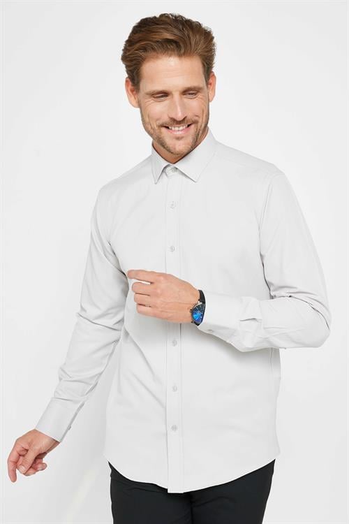 Erkek Modern Slim Fit Pamuklu Düz Gri Gömlek