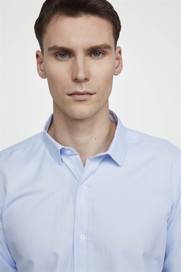Erkek Modern Slim Fit Pamuklu Düz Mavi Gömlek
