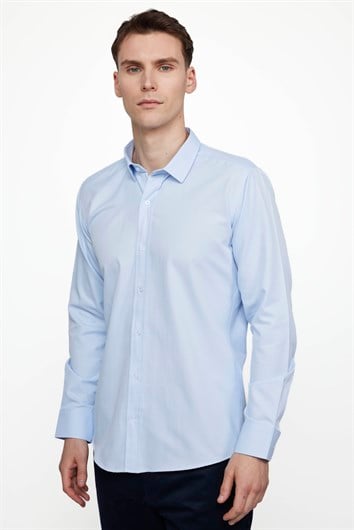 Erkek Modern Slim Fit Pamuklu Düz Mavi Gömlek