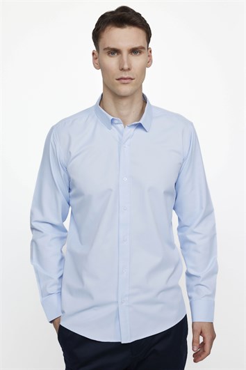 Erkek Modern Slim Fit Pamuklu Düz Mavi Gömlek