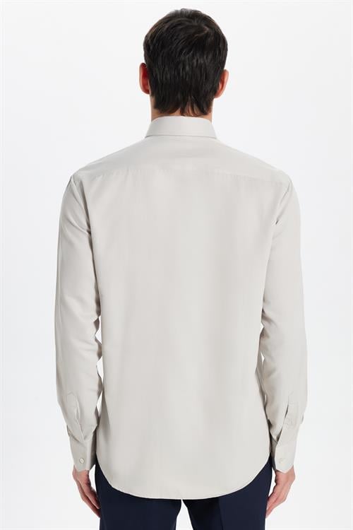 Erkek Modern Slim Fit Pamuklu Düz Bej Gömlek