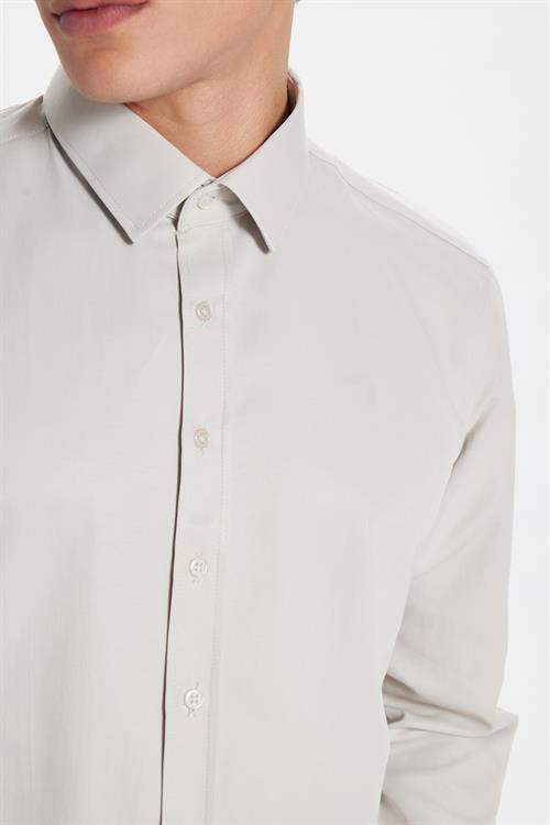 Erkek Modern Slim Fit Pamuklu Düz Bej Gömlek