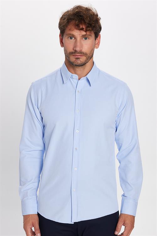 Modern Slim Fit Uzun Kollu Pamuklu Kolay Ütü Armürlü Erkek Mavi Gömlek