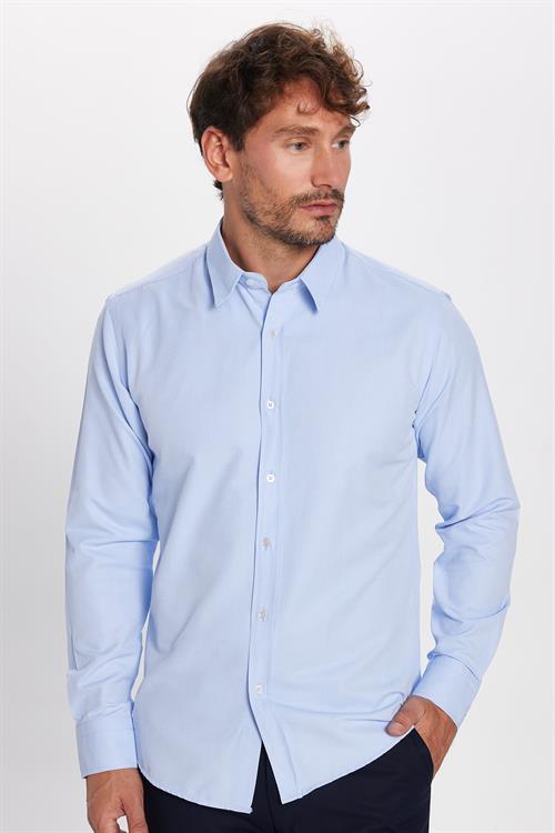 Modern Slim Fit Uzun Kollu Pamuklu Kolay Ütü Armürlü Erkek Mavi Gömlek