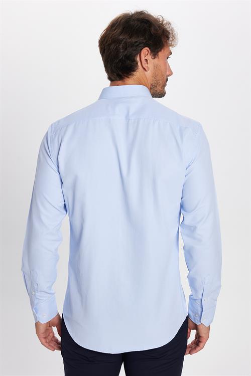 Modern Slim Fit Uzun Kollu Pamuklu Kolay Ütü Armürlü Erkek Mavi Gömlek