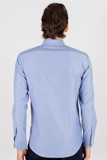 Modern Slim Fit Uzun Kollu Pamuklu Kolay Ütü Armürlü Erkek İndigo Gömlek