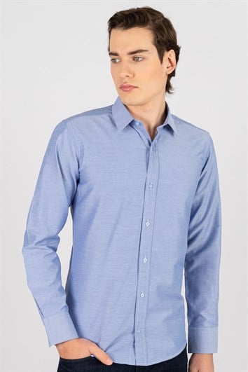 Modern Slim Fit Uzun Kollu Pamuklu Kolay Ütü Armürlü Erkek İndigo Gömlek