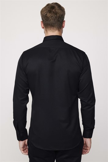 Modern Slim Fit Uzun Kollu Pamuklu Kolay Ütü Armürlü Erkek Siyah Gömlek