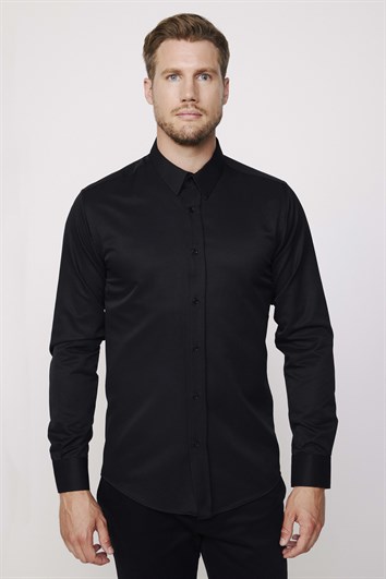 Modern Slim Fit Uzun Kollu Pamuklu Kolay Ütü Armürlü Erkek Siyah Gömlek