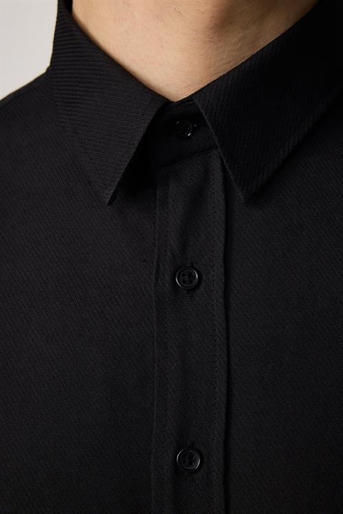 Modern Slim Fit Uzun Kollu Pamuklu Kolay Ütü Armürlü Siyah Erkek Gömlek