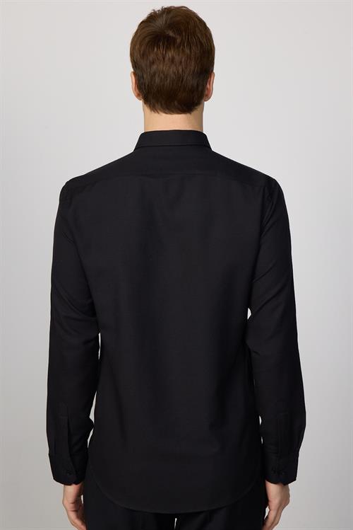 Modern Slim Fit Uzun Kollu Pamuklu Kolay Ütü Armürlü Siyah Erkek Gömlek