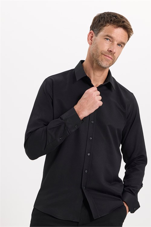 Erkek Modern Fit Dar Kesim Pamuklu Uzun Kollu Kravatlık Armürlü Siyah Gömlek