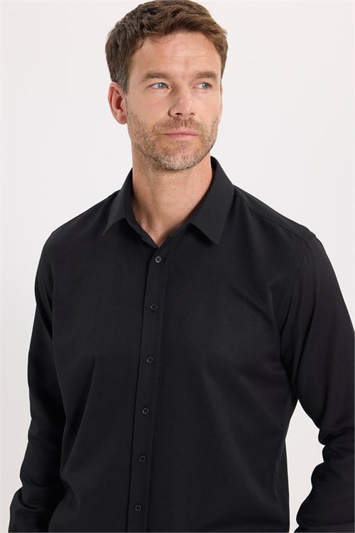 Erkek Modern Fit Dar Kesim Pamuklu Uzun Kollu Kravatlık Armürlü Siyah Gömlek