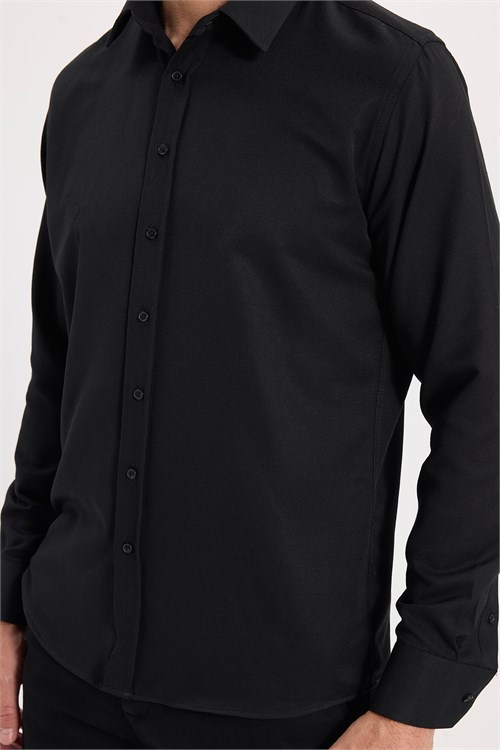 Erkek Modern Fit Dar Kesim Pamuklu Uzun Kollu Kravatlık Armürlü Siyah Gömlek