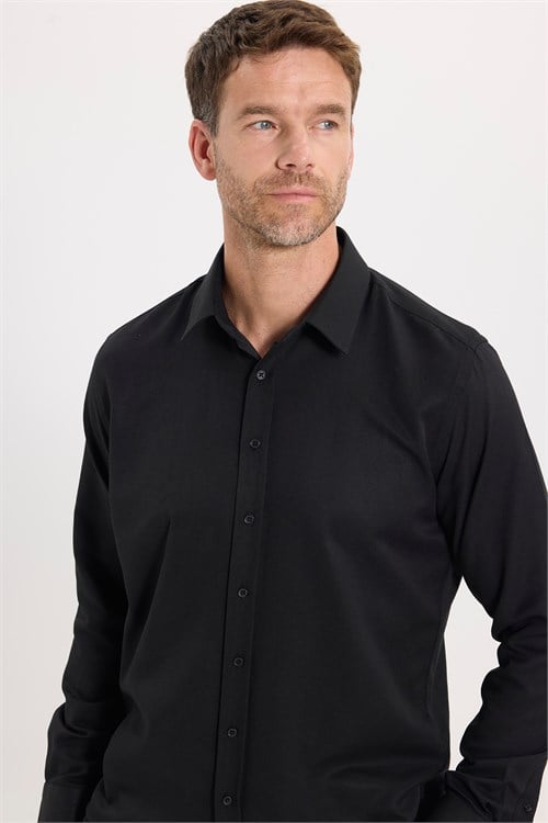 Erkek Modern Fit Dar Kesim Pamuklu Uzun Kollu Kravatlık Armürlü Siyah Gömlek