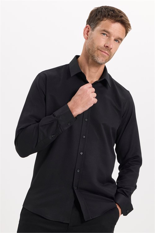 Erkek Modern Fit Dar Kesim Pamuklu Uzun Kollu Kravatlık Armürlü Siyah Gömlek