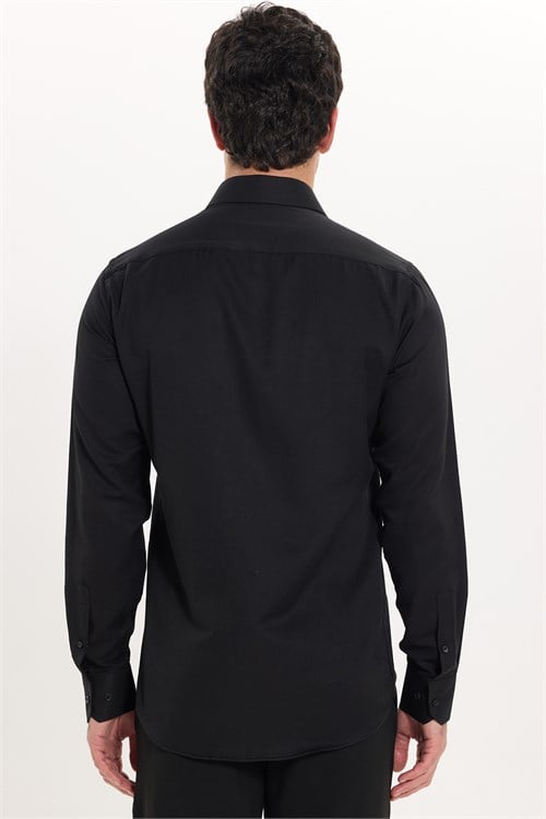 Erkek Modern Fit Dar Kesim Pamuklu Uzun Kollu Kravatlık Armürlü Siyah Gömlek