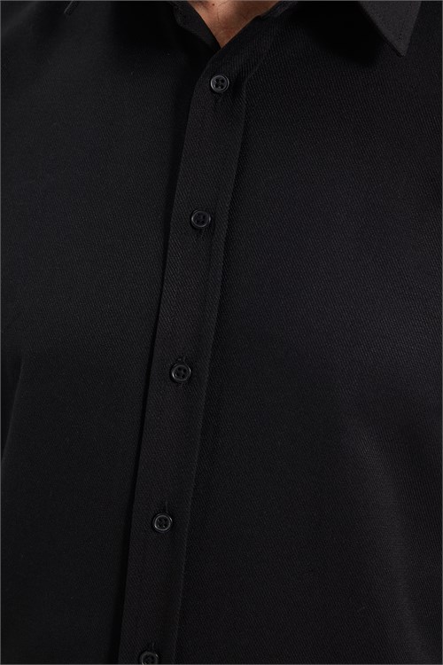 Erkek Modern Fit Dar Kesim Pamuklu Uzun Kollu Kravatlık Armürlü Siyah Gömlek