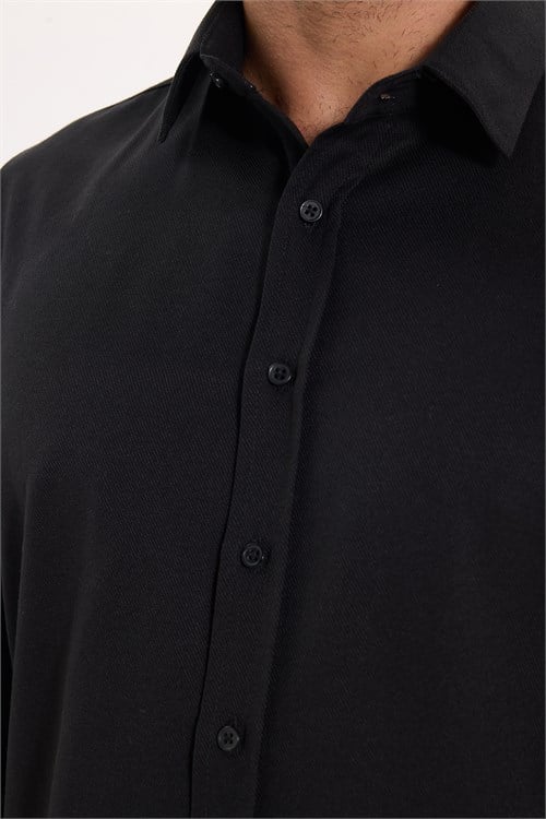 Erkek Modern Fit Dar Kesim Pamuklu Uzun Kollu Kravatlık Armürlü Siyah Gömlek