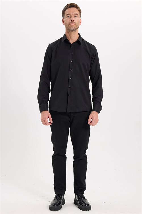 Erkek Modern Fit Dar Kesim Pamuklu Uzun Kollu Kravatlık Armürlü Siyah Gömlek