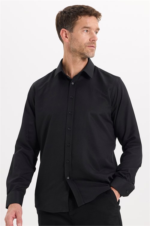 Erkek Modern Fit Dar Kesim Pamuklu Uzun Kollu Kravatlık Armürlü Siyah Gömlek