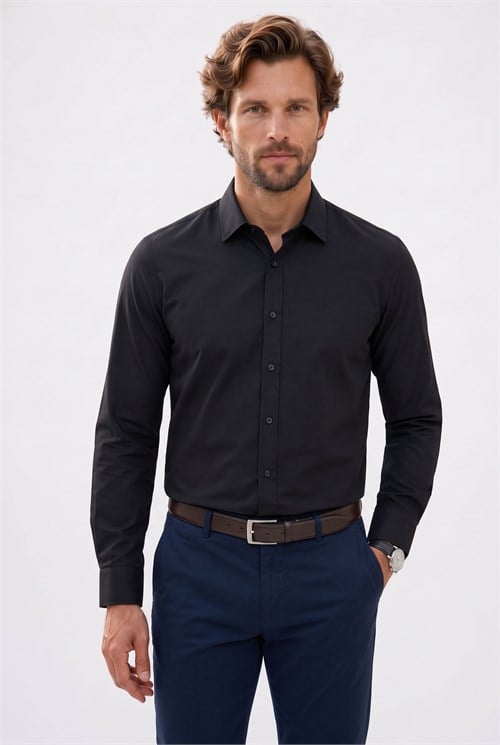 Erkek Modern Fit Dar Kesim Pamuklu Uzun Kollu Kravatlık Armürlü Siyah Gömlek