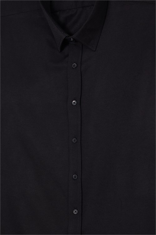 Erkek Modern Fit Dar Kesim Pamuklu Uzun Kollu Kravatlık Armürlü Siyah Gömlek