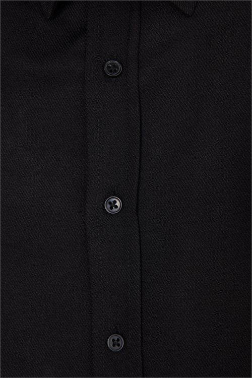 Erkek Modern Fit Dar Kesim Pamuklu Uzun Kollu Kravatlık Armürlü Siyah Gömlek