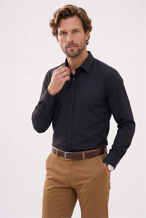 Erkek Modern Fit Dar Kesim Pamuklu Uzun Kollu Kravatlık Armürlü Siyah Gömlek