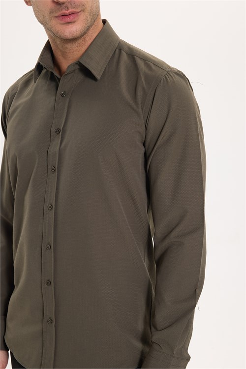 Erkek Modern Fit Dar Kesim Pamuklu Uzun Kollu Kravatlık Armürlü Haki Gömlek