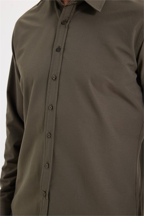 Erkek Modern Fit Dar Kesim Pamuklu Uzun Kollu Kravatlık Armürlü Haki Gömlek