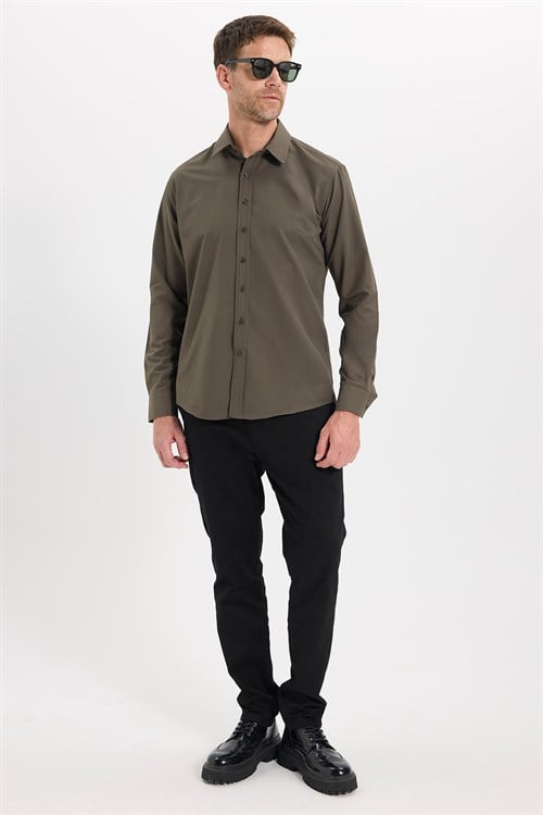 Erkek Modern Fit Dar Kesim Pamuklu Uzun Kollu Kravatlık Armürlü Haki Gömlek