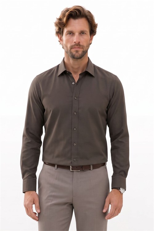 Erkek Modern Fit Dar Kesim Pamuklu Uzun Kollu Kravatlık Armürlü Haki Gömlek