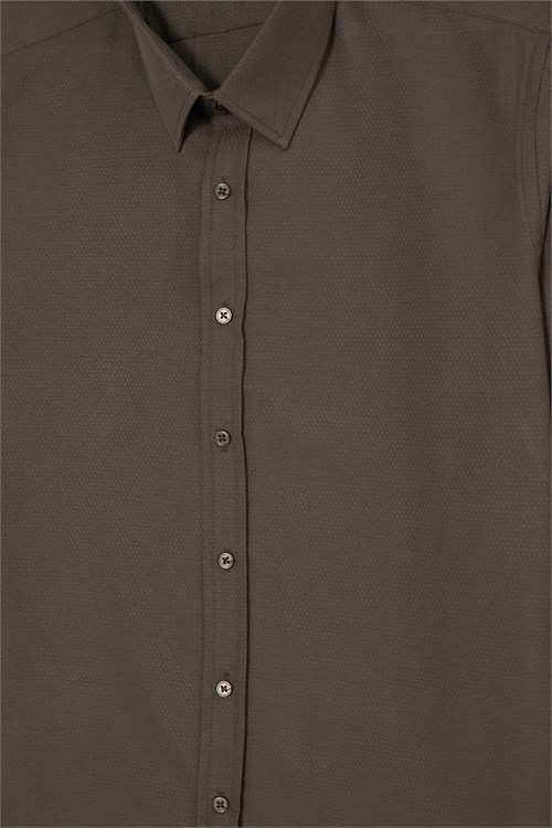 Erkek Modern Fit Dar Kesim Pamuklu Uzun Kollu Kravatlık Armürlü Haki Gömlek